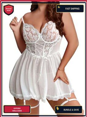 Plus Size Lingerie Mesh Babydoll Dress Lace Nightgown Lace Up Sleepwear